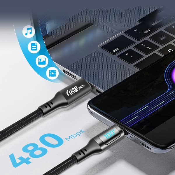 USB-C til USB-C Kabel 240W, 480Mbps Dataoverførsel, 2m, Flettet Nylon 2 m