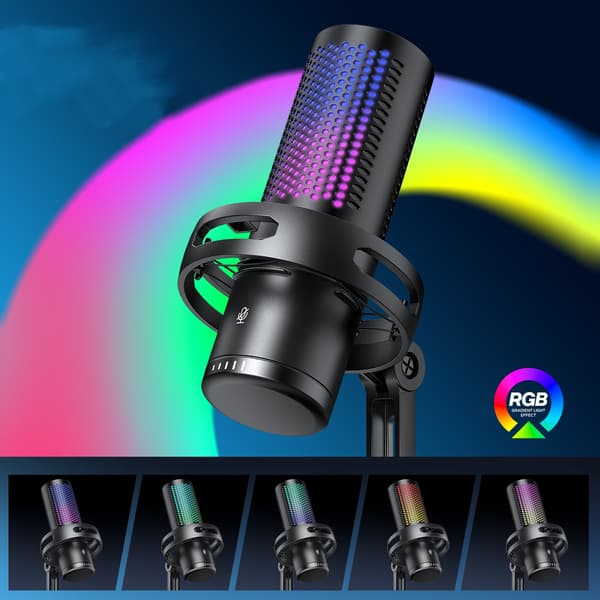 USB Streaming Mikrofon, Sort, RGB Åndedrætslys, Mute-knap, Gain-kontrol, Kardioid