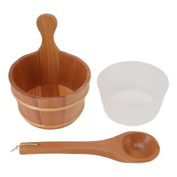 Träbastu hink och skopa set, 4L, läckagesäker med plastfoder, för ångrum och spa