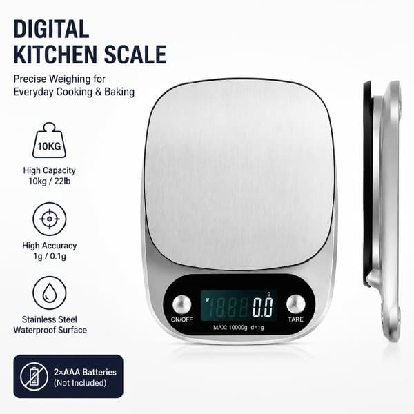 Digital køkkenvægt, rustfrit stål, vandtæt, 10 kg/1 g, sølv/sort, til bagning 5kg/0.1g