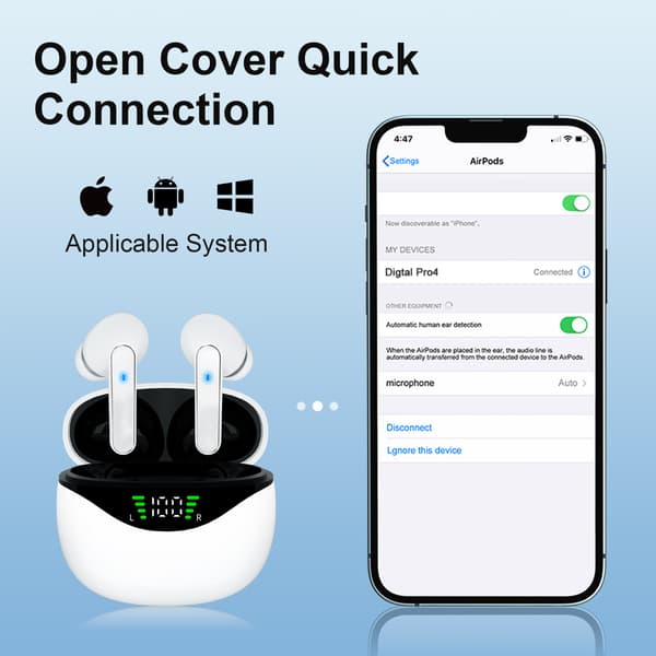 Trådløse Bluetooth 5.4 ørepropper, hvit, lang batterilevetid, HiFi-lyd, ladeetui