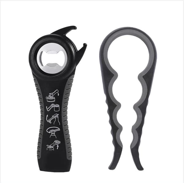 Multifunksjonell åpnersett, krukke-, flaske- og boksåpner, ergonomisk, sklisikkert grep, svart grå