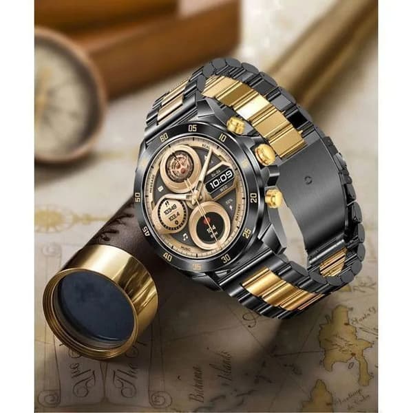 Herre Smartwatch, Sort og Guld Rustfrit Stål Armbånd, 1.43\" AMOLED Skærm, Bluetooth Opkald, Stemmeassistent