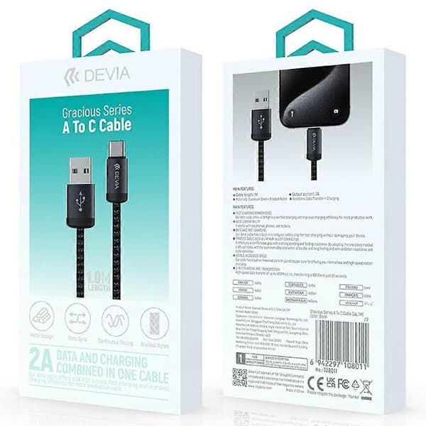 DEVIA EC649 Gracious Series 1m USB-A till Type-C-kabel 2A Snabbladdning Nylonflätad 480Mbps Datakabel