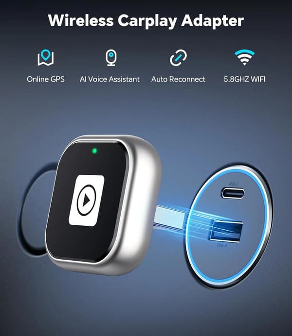 A10 Mini Trådløs CarPlay-adapter til iPhone og Android Auto - Kompakt CarPlay-dongle til fabriksmonterede kablede CarPlay-køretøjer (2016+)