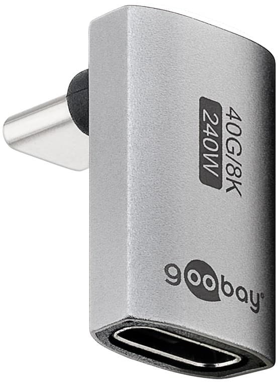 USB-C Adapter 90 Grader, USB4, Sølv, 40 Gbps, 240W, Ret Vinkel, L-formet