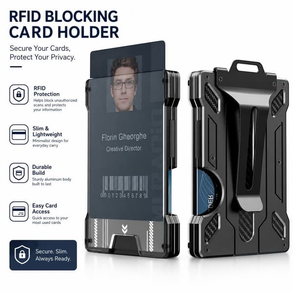 RFID-blokerende kortholder til 6 kort, ID-vindue, klips, sort, rustfrit stål