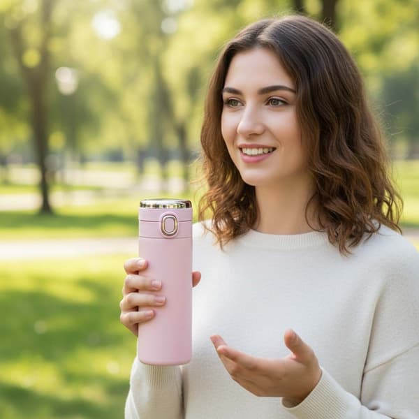 LED Termokopp, 420 ml, Rosa, Isolert Reisekopp i Rustfritt Stål