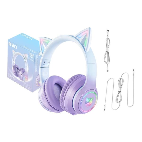 Trådlöst Gamingheadset med Kattöron, Bluetooth 5.0, Vikbart, Over-Ear, Blå Lila