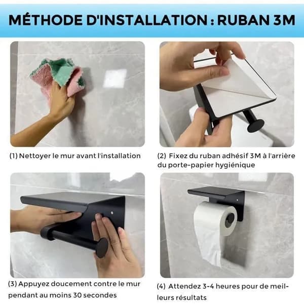 Toiletpapirholder med hylde, sort, vægmonteret, selvklæbende, rustfrit stål