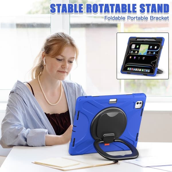 Silikone Hybrid PC-etui til iPad Pro 11 2024, med stativ og skulderrem, blå