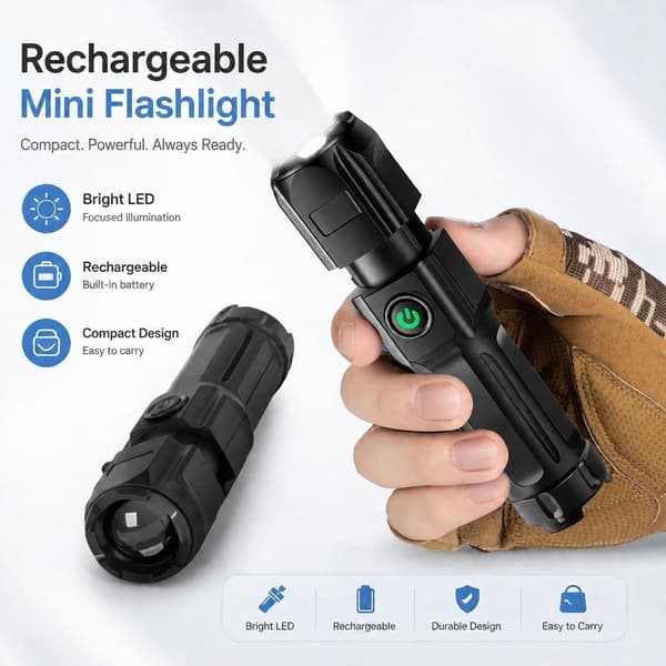 Ladattava taktinen taskulamppu, XPE LED, zoomattava, 3 tilaa, Micro USB, tehokas