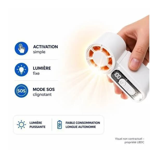 Mini bærbar ledningsfri ventilator med LED, 5 hastigheder, 1200mAh batteri, USB-C, kompakt