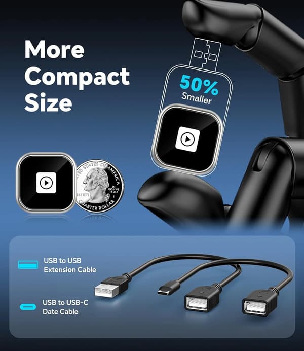 A10 Mini Trådløs CarPlay-adapter til iPhone og Android Auto - Kompakt CarPlay-dongle til fabriksmonterede kablede CarPlay-køretøjer (2016+)