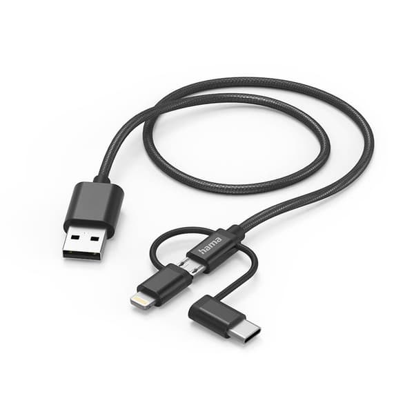 3-in-1-latauskaapeli, musta 1,5 m, USB-C Lightning Micro-USB, nopea synkronointi ja tiedonsiirto