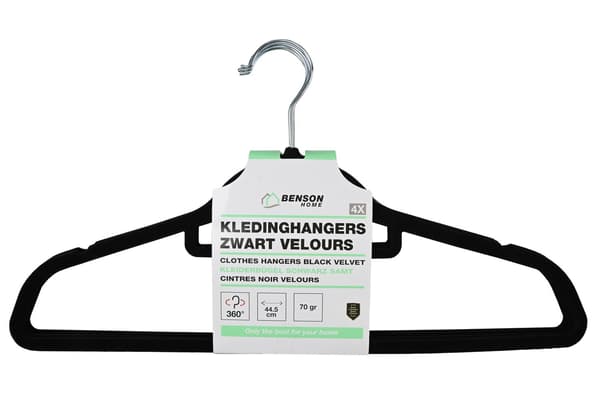 Fløjlsbøjler, sort, 4-pak, skridsikker, 360° drejekrog, 44,5 cm