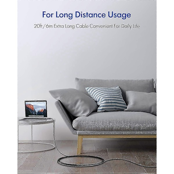 USB C til USB C-kabel 6 meter, superlang 60W USB 2.0 Type C til C ladekabel flettet (ingen data)