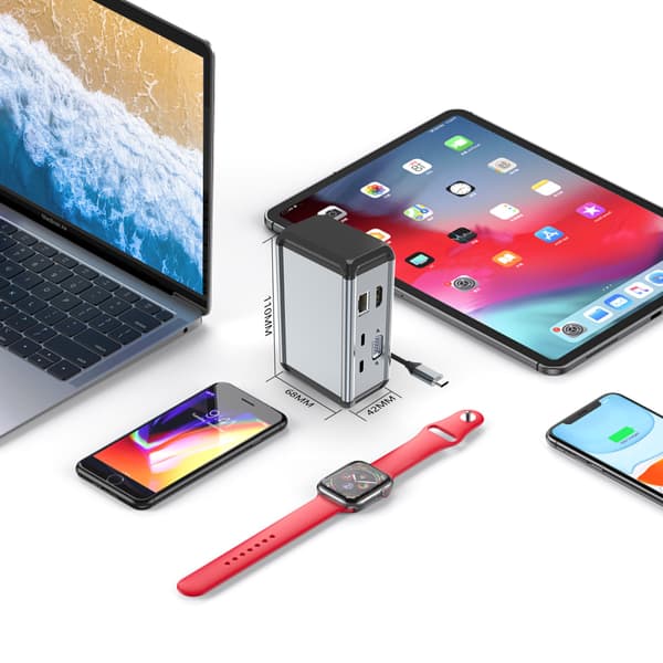 12-i-1 USB-C Hub Adapter, Sølv, med HDMI VGA Ethernet, 4K, Aluminium, til Bærbar Computer