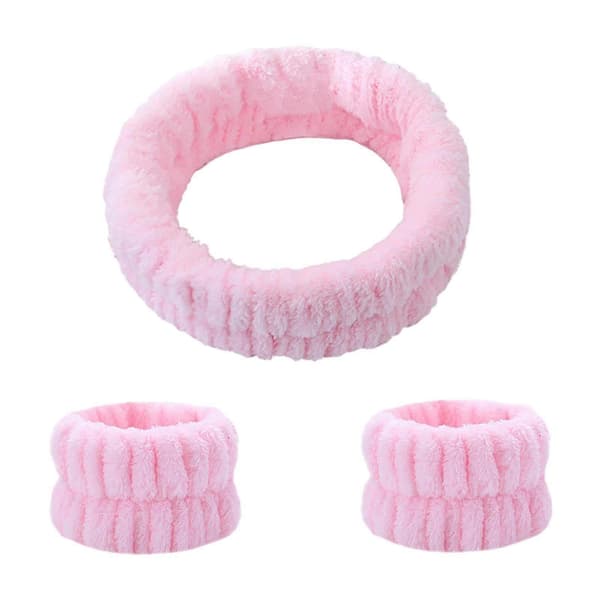 Gjenbrukbart Spa Hodebånd Håndleddsvaskebånd Ansiktsvask Sett Inkluderer 1 Mikrofiber Pink