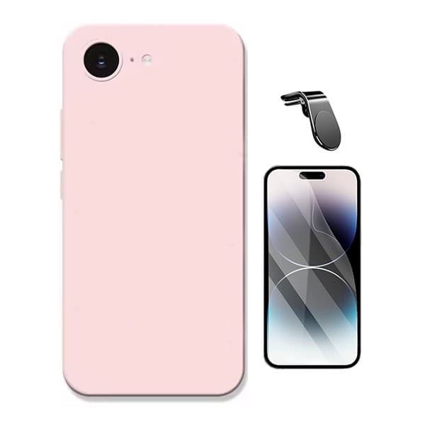 Hydrogel skjermbeskyttersett + silikondeksel + magnetisk stativ for Apple iPhone 17e, rosa