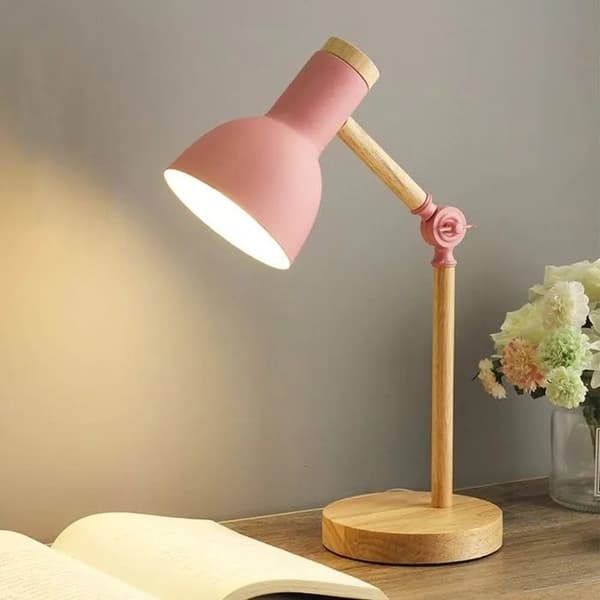 Klassisk LED-bordslampa i trä med svängbara armar, E27-sockel, för läsning, studier, kontor, rosa