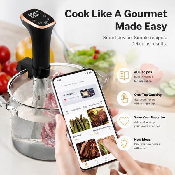 WiFi Sous Vide-kokare, 1100W Precision Immersion Circulator, IPX7 Vattentät, Digital Display, Appkontroll Black