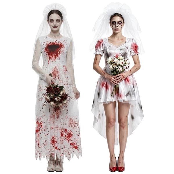 Halloween Spökbrud Cosplay Kostym, Blodfläckad Vit Bröllopsklänning, Skräckfestdräkt