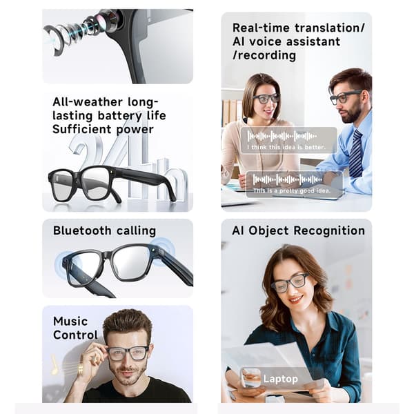 Smarte AI-briller med HD-kamera, støjreduktion, realtidsoversættelse, sort, kompatibel med Android og iOS Black