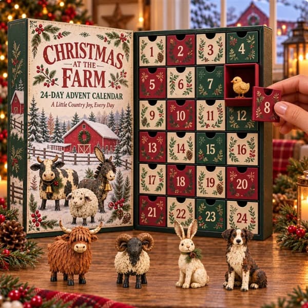 Julkalender med 24 retro bondgårdsdjur i blindbox – Nedräkningsset