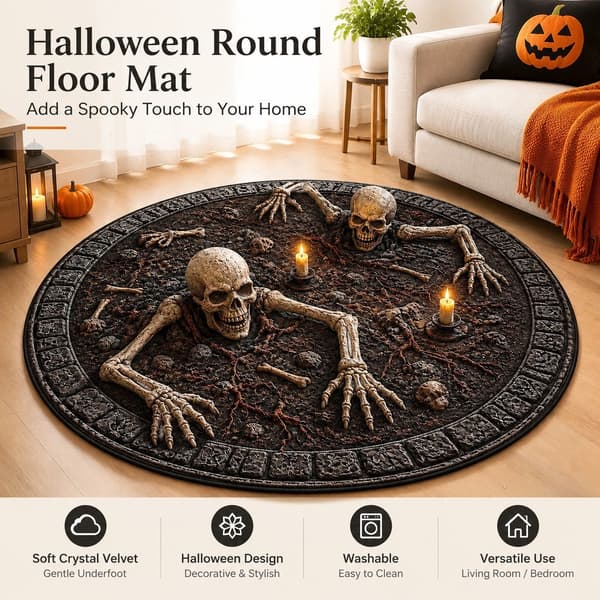 Halloween Rund Golvmatta, Kristall Sammet, Mjuk Tvättbar, Cosplay, Vardagsrum Sovrum