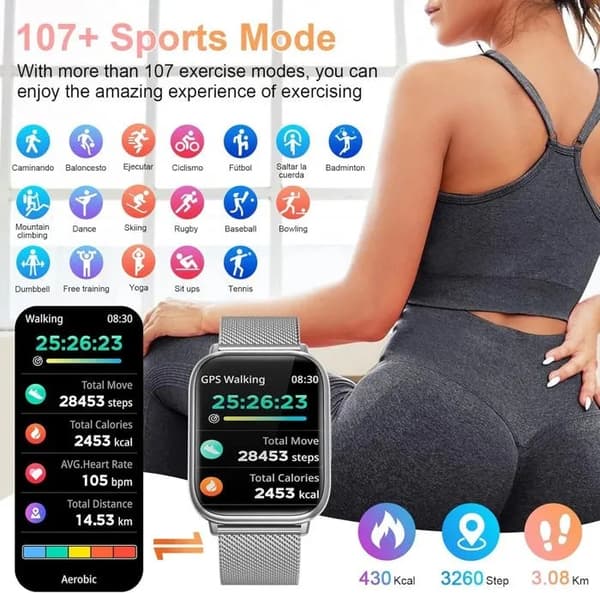 Dame Smartwatch 1,83\" med Bluetooth-opkald, 113+ sportstilstande, puls- og søvnmonitor, skridttæller