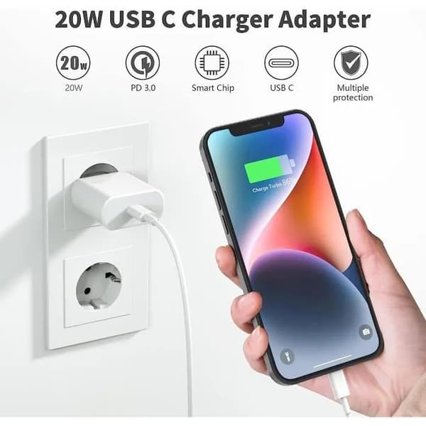 USB-C hurtiglader 20W, egnet for iPhone 14 13 12 11 Pro Max, iPad og AirPods.