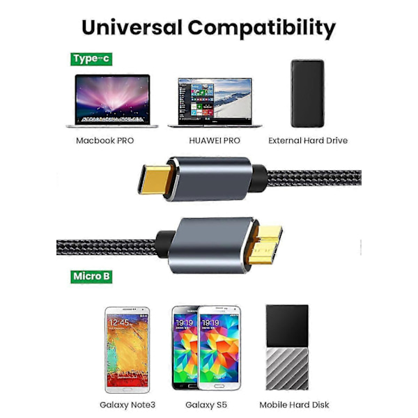 USB C till Micro B-kabel USB 3.0 Typ C 5 Gbit/s dataanslutningsadapter för hårddisk, smartphone, PC, typ C-laddare, kamera, diskkabel 1m