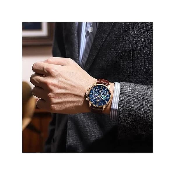 Herre Chronograph Ur, Rustfrit Stål, Vandtæt, Analog, Læder, Månefase, Quartz, Lysende Dato
