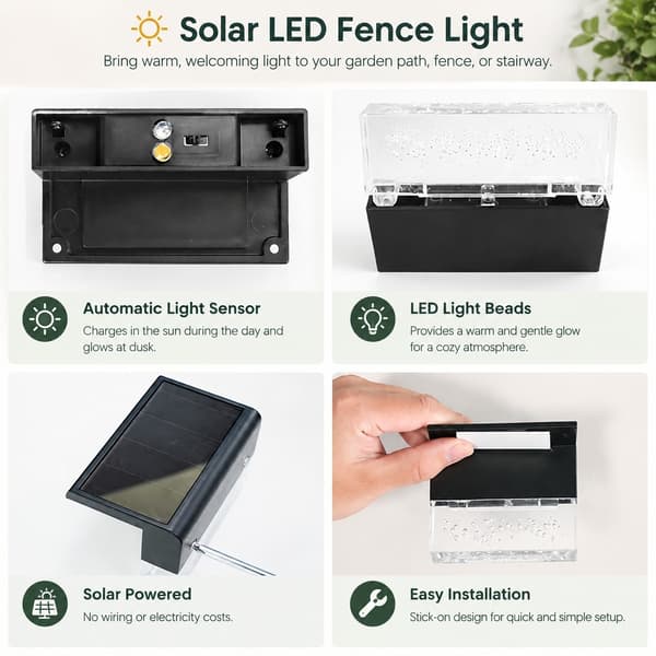Solcellsdriven LED-trappbelysning, staketbelysning i akryl för utomhusbruk, vattentät, IP65, varmvitt ljus 2 Pack