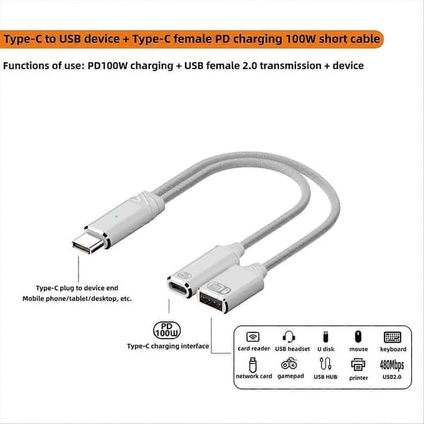 USB-C OTG-kabel med PD-ladeport, 2-i-1 hvit