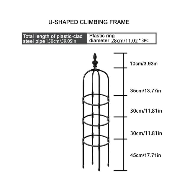 11 mm svart U-formet planteklatrestøtte, rosetrellis, hagevinstativ