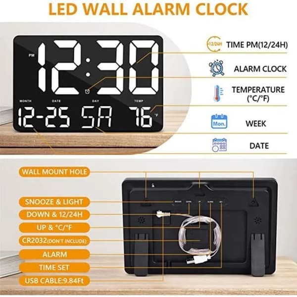 Digitalt vækkeur med LED-display, snooze, temperatur, dato, sort, hvidt display