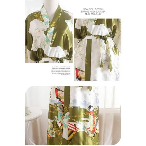 Grøn Kimono Badekåbe i Satin, One Size, Elegant Loungewear til Kvinder, Spa & Hjem