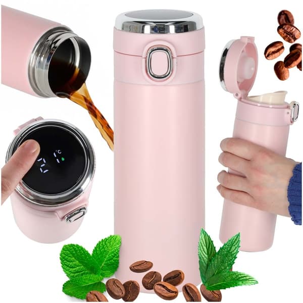 LED Termokopp, 420 ml, Rosa, Isolert Reisekopp i Rustfritt Stål
