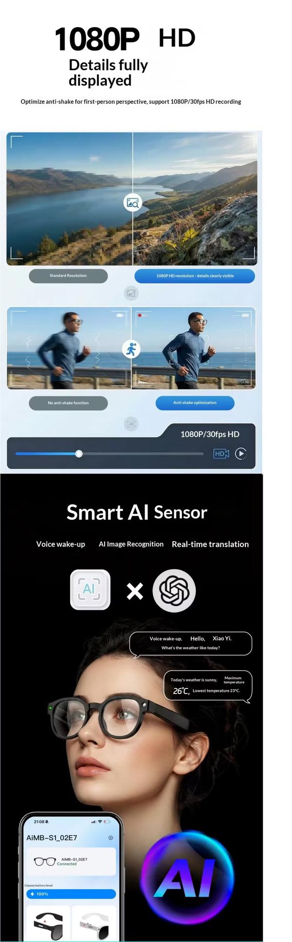 Smarte briller med oversættelse, AI-genkendelse, simultantolkning, WiFi, sort