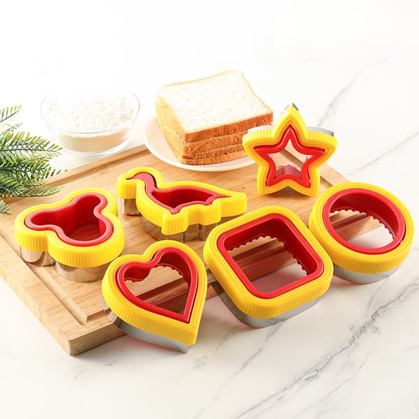 Sandwichkutterform, Toastbrødform, 6-delt sett, Rustfritt stål, Bakeverktøy, Rød+Gul