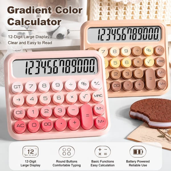Lydløs Lommeregner, Gradient Pink, 12-Cifret, Lydløs, Stort Display, til Studerende Kontor Bogføring
