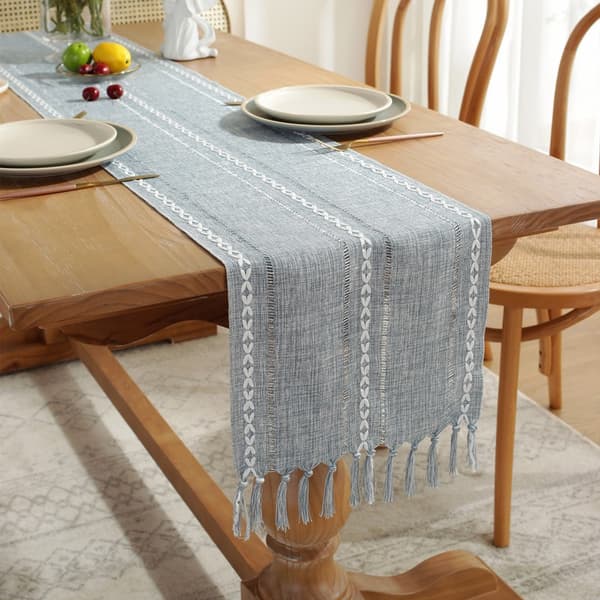 Håndvevd bordløper med utskjæringer og dusker, ensfarget, jul, polyester, grønn/blå 33x143cm Hollow Gray