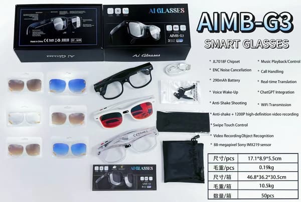 Sanntidsoversettende smarte briller, WiFi Bluetooth, plast, skritteller, bevegelseskontroll