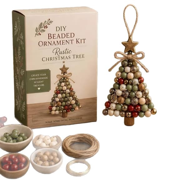 DIY-kit för julgransprydnad med pärlor, set B med träpärlor, handgjort julpyssel