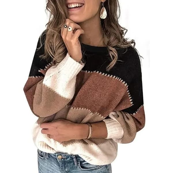 Stribet Strikket Sweater til Kvinder med Rund Hals og Lange Ærmer, Sort, Vinter Chic