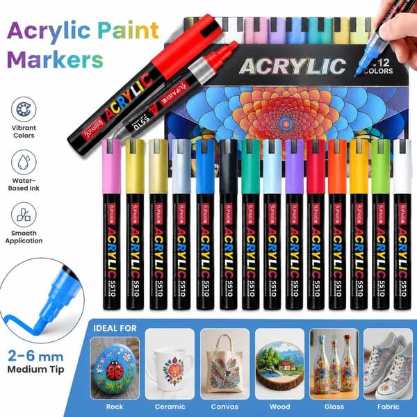 Akrylfärgpennor, 12-pack, Vattentäta, 4 mm spets, för sten, trä, glas, duk
