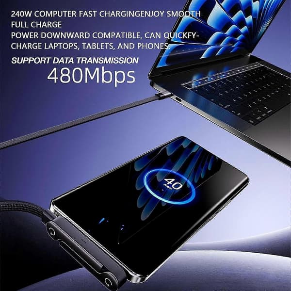 240W hurtigladekabel med USB-C til USB-C - sidelader og holder for 17-15, Android-enheter