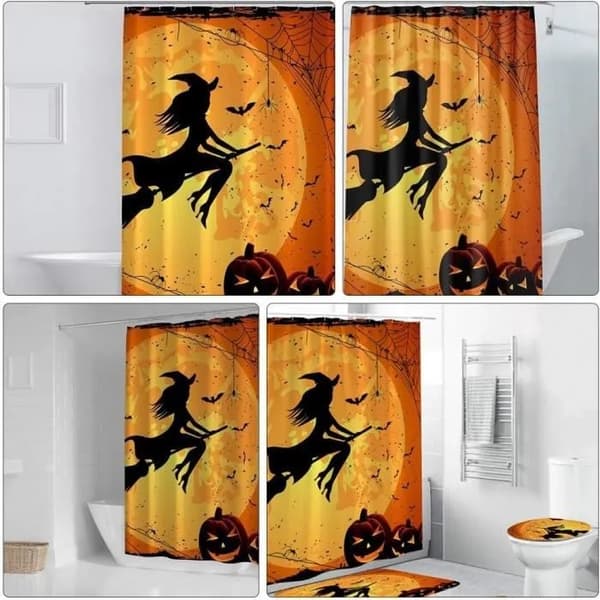 Halloween badeforhæng 180x180cm, hekse- og græskardesign med kroge, polyester, vandafvisende